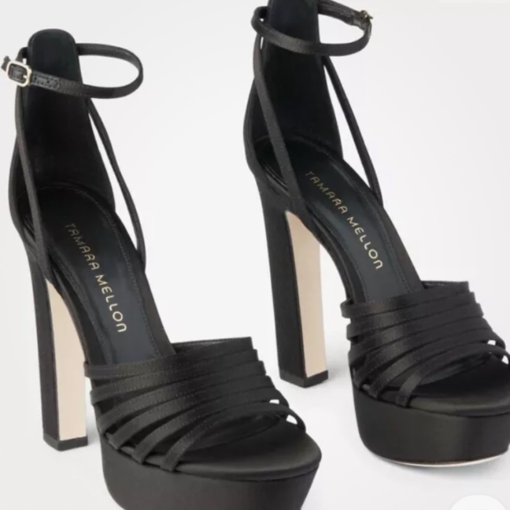 Tamara Mellon Satin Black Platform Heels NEW  EU 38.5 US 8 Made in Italy
